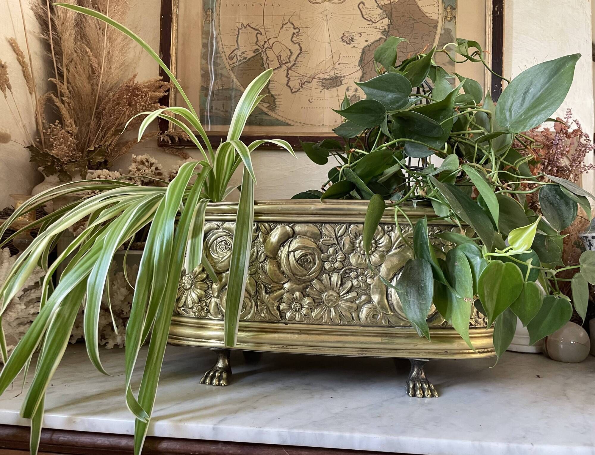 Old repoussé brass planter