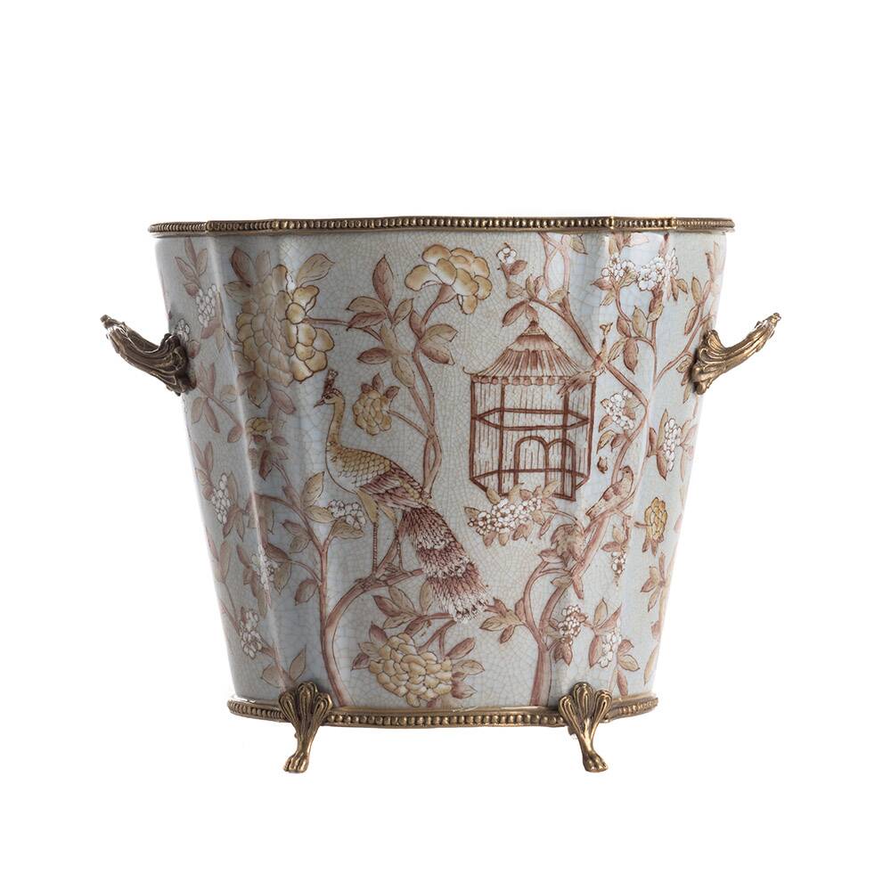 High peacock porcelain and bronze flowerpot