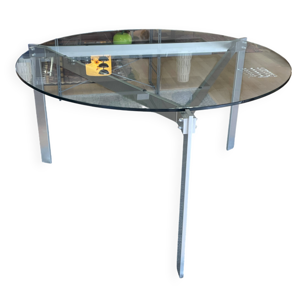 Table à manger ronde plateau en verre & structure triangle en métal brossé