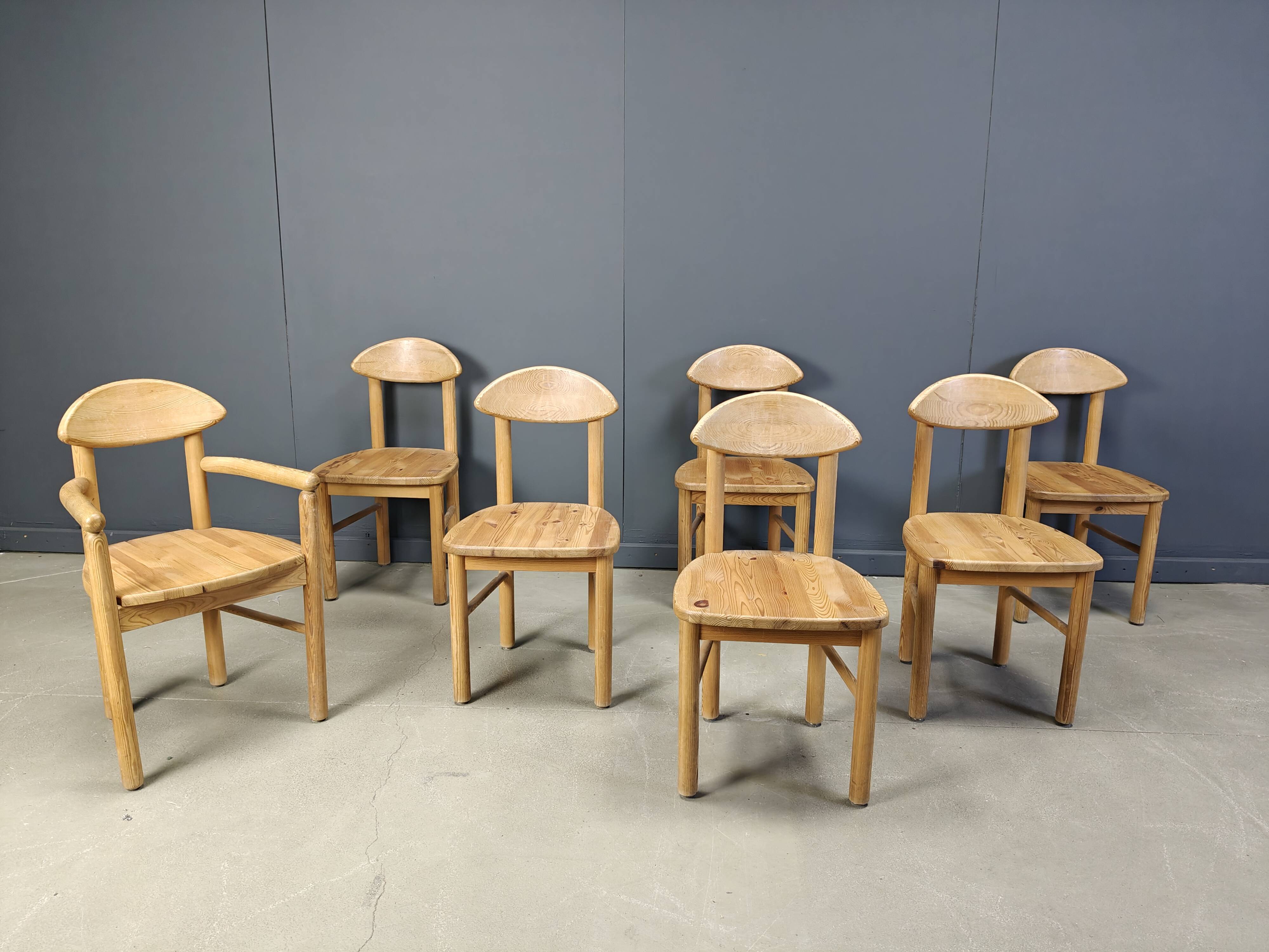 Vintage pine wood dining chairs - 1980s - set of 7