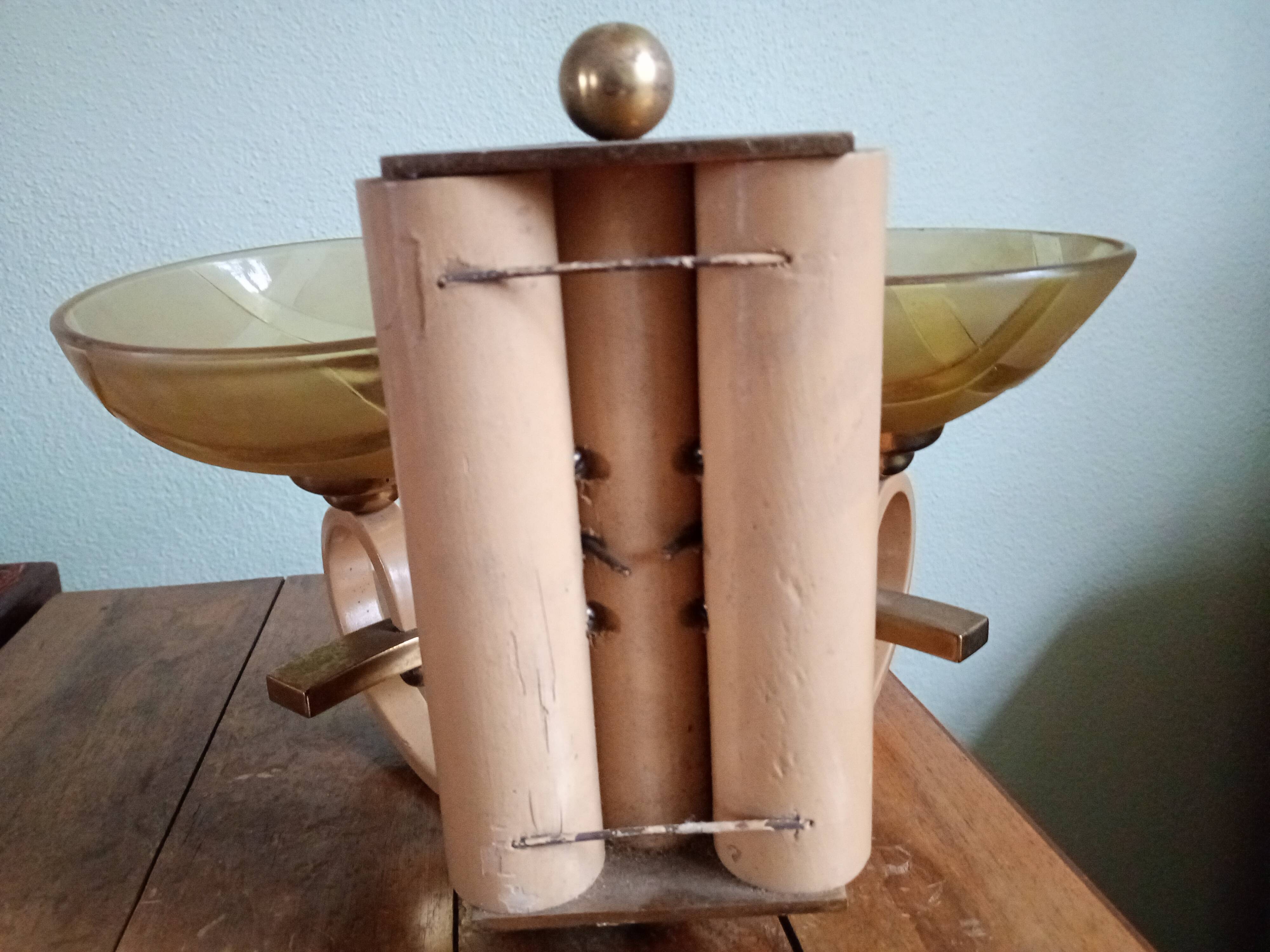 Double retro wall light - painted wood & brass - amber yellow frosted glass cups