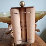 Double retro wall light - painted wood & brass - amber yellow frosted glass cups