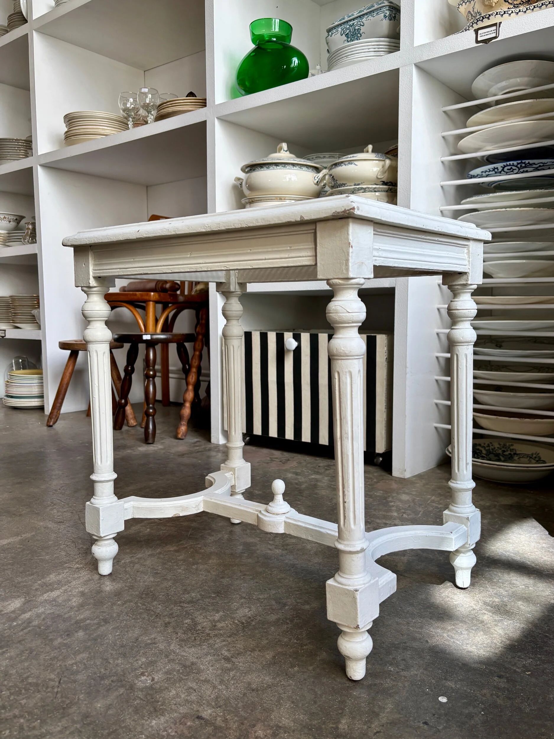 Stool, small wooden piano bench in white with caning.