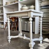 Stool, small wooden piano bench in white with caning.