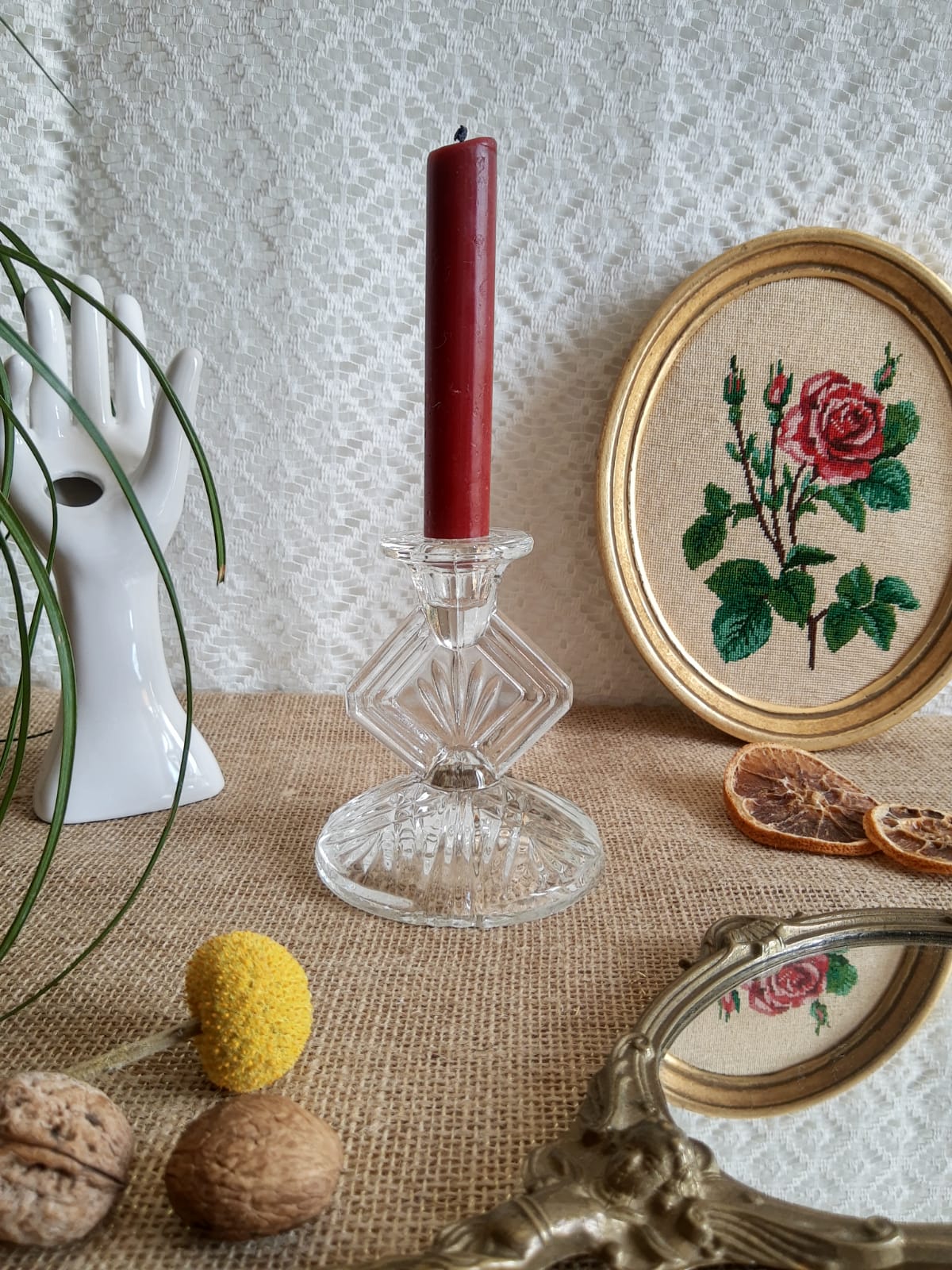Art Deco chiseled glass candle holder - vintage