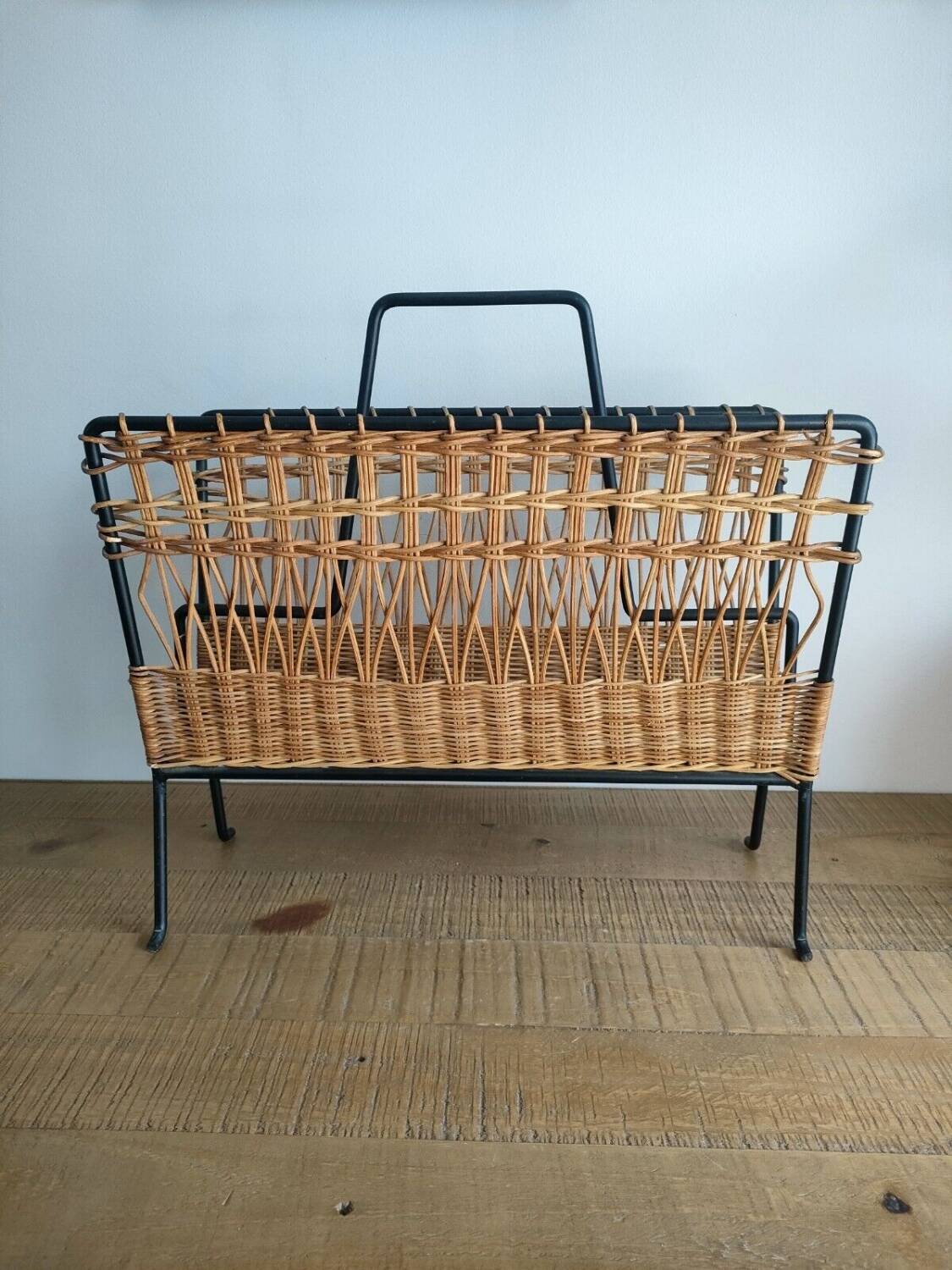 Iron and Rattan Magazine Rack - 1960s - Vintage