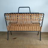 Iron and Rattan Magazine Rack - 1960s - Vintage