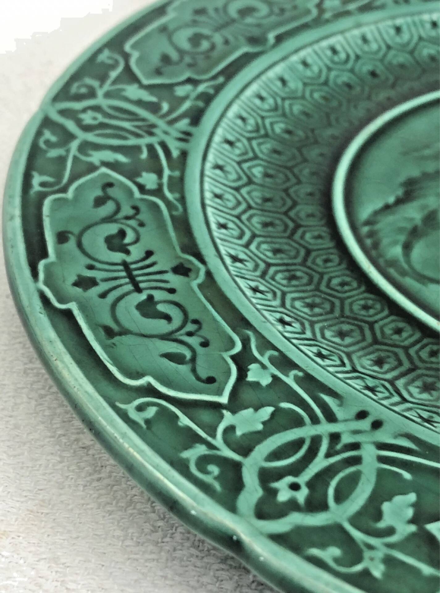 3 fruit plates Sarreguemines majolica shaded enamel Rubelles