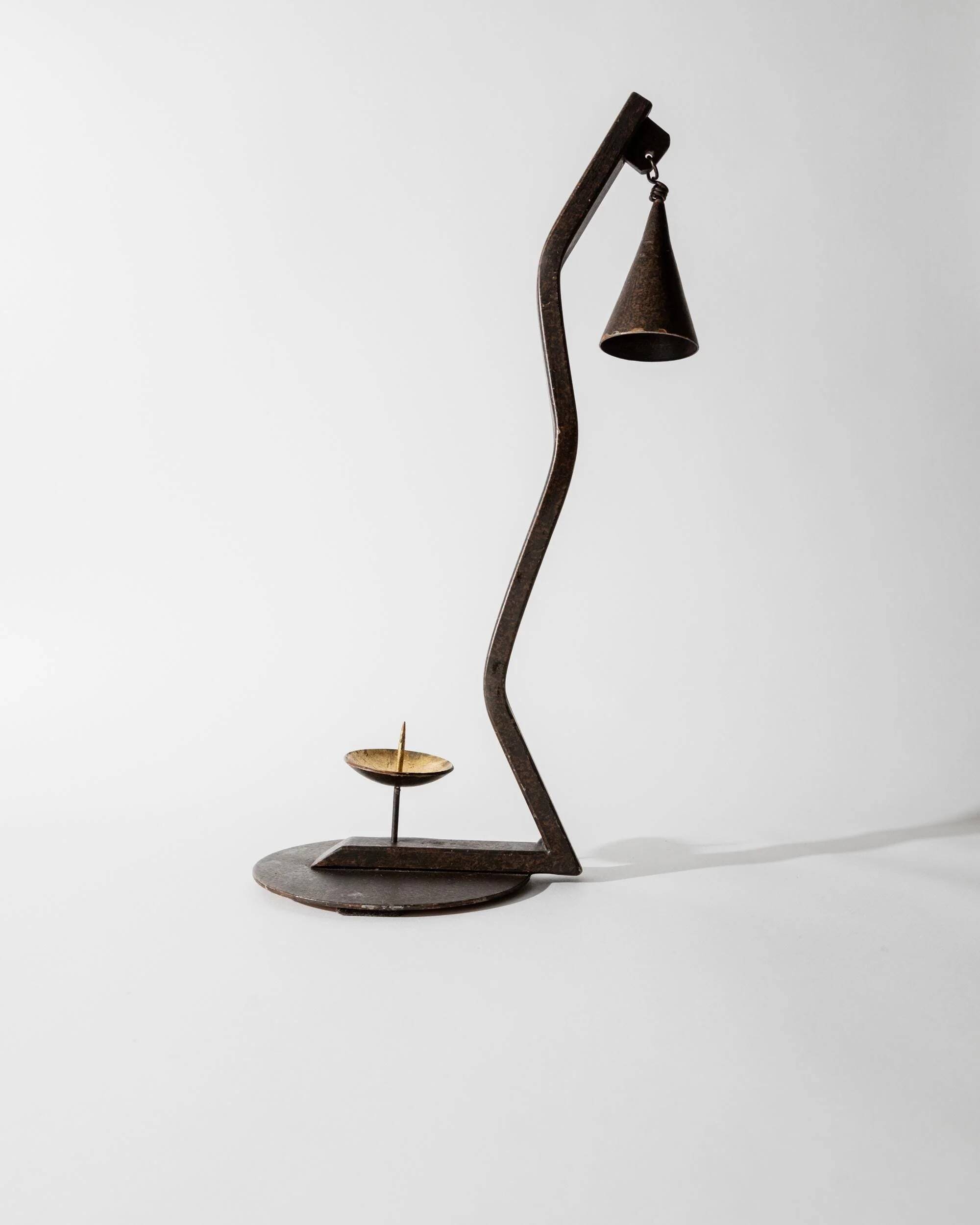 Vintage wrought iron candlestick from the 1960s, zigzag design with removable snuffer.