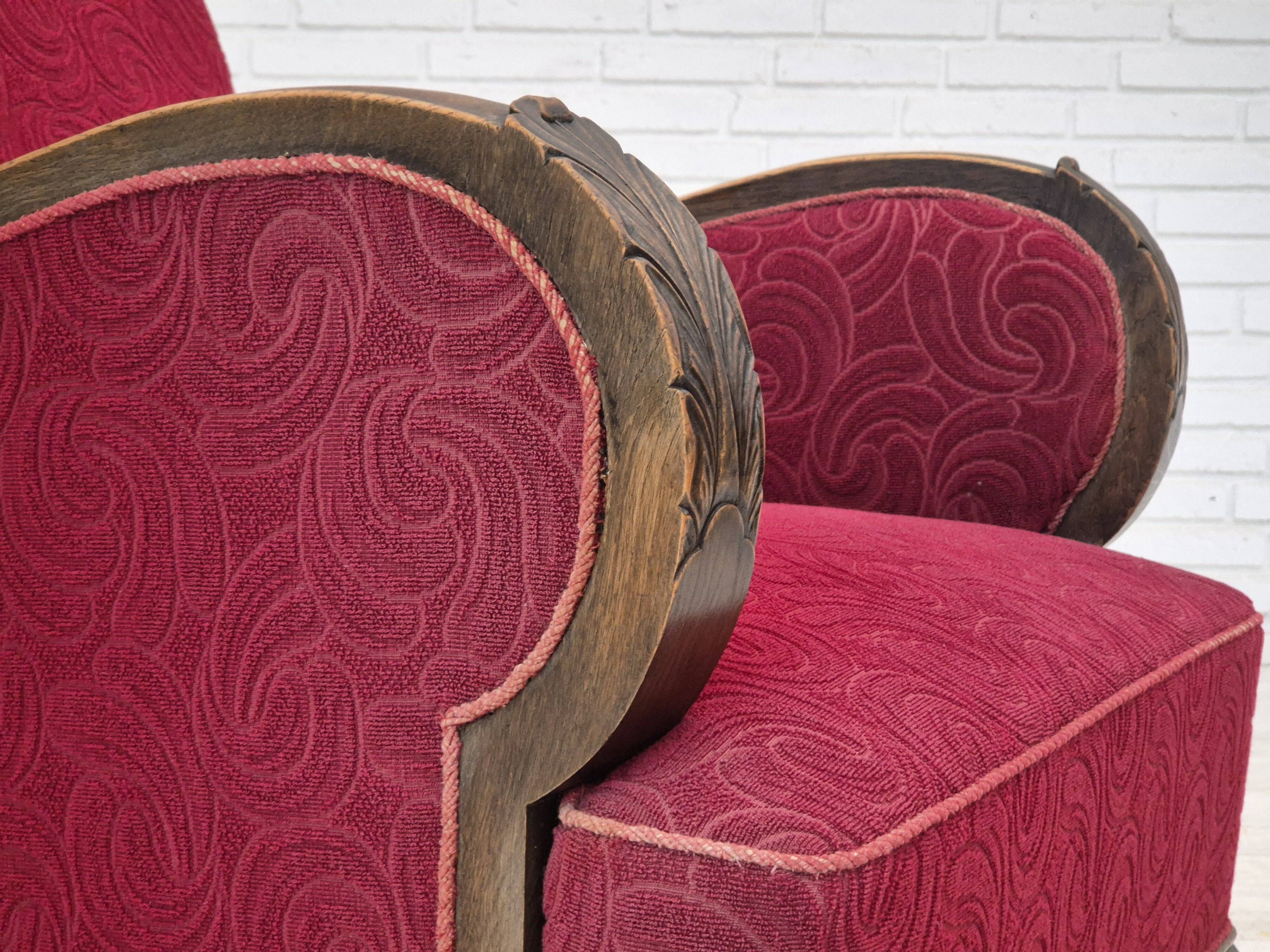 Fauteuil relax vintage danois des années 1950, tissu d'ameublement, bois de chêne, d'origine.