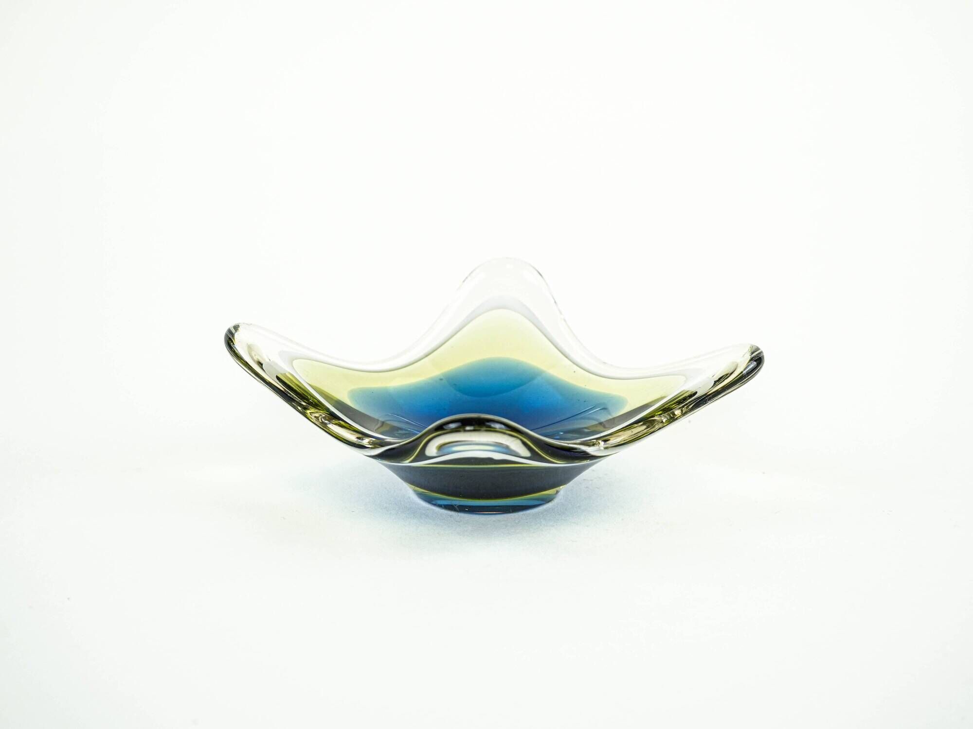 Art glass platter with organic form in blue and yellow, Europe, 1970s