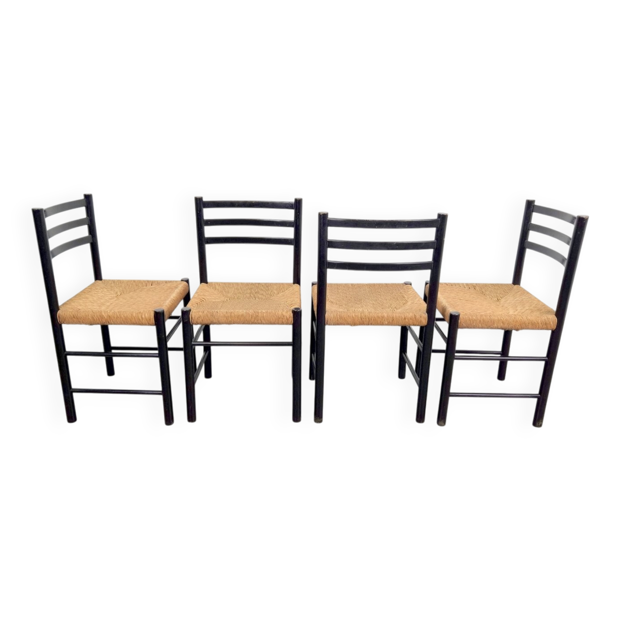 Mid-Century Dining Ladder Chairs with Rush Seats, 1960s, Set of 4