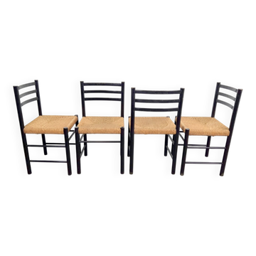 Mid-Century Dining Ladder Chairs with Rush Seats, 1960s, Set of 4