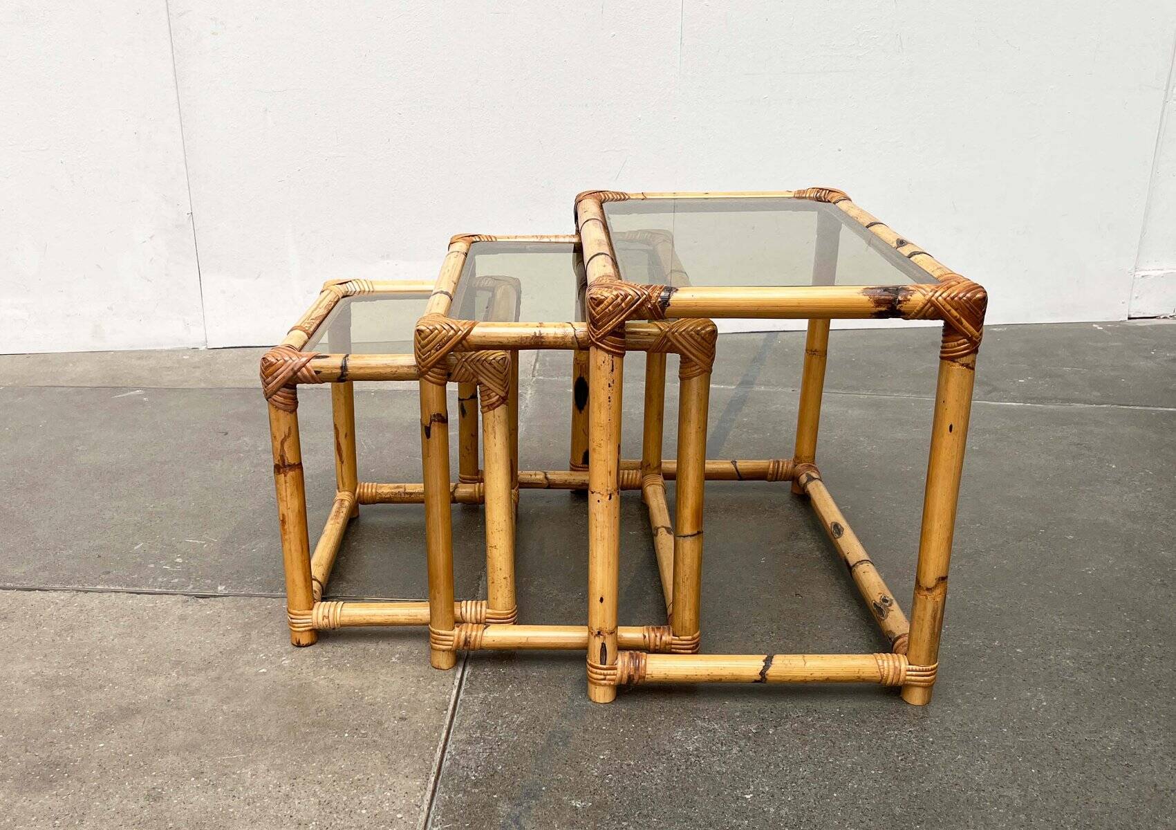 Nest of bamboo and glass tables in mid-century style, 1960s, set of 3.
