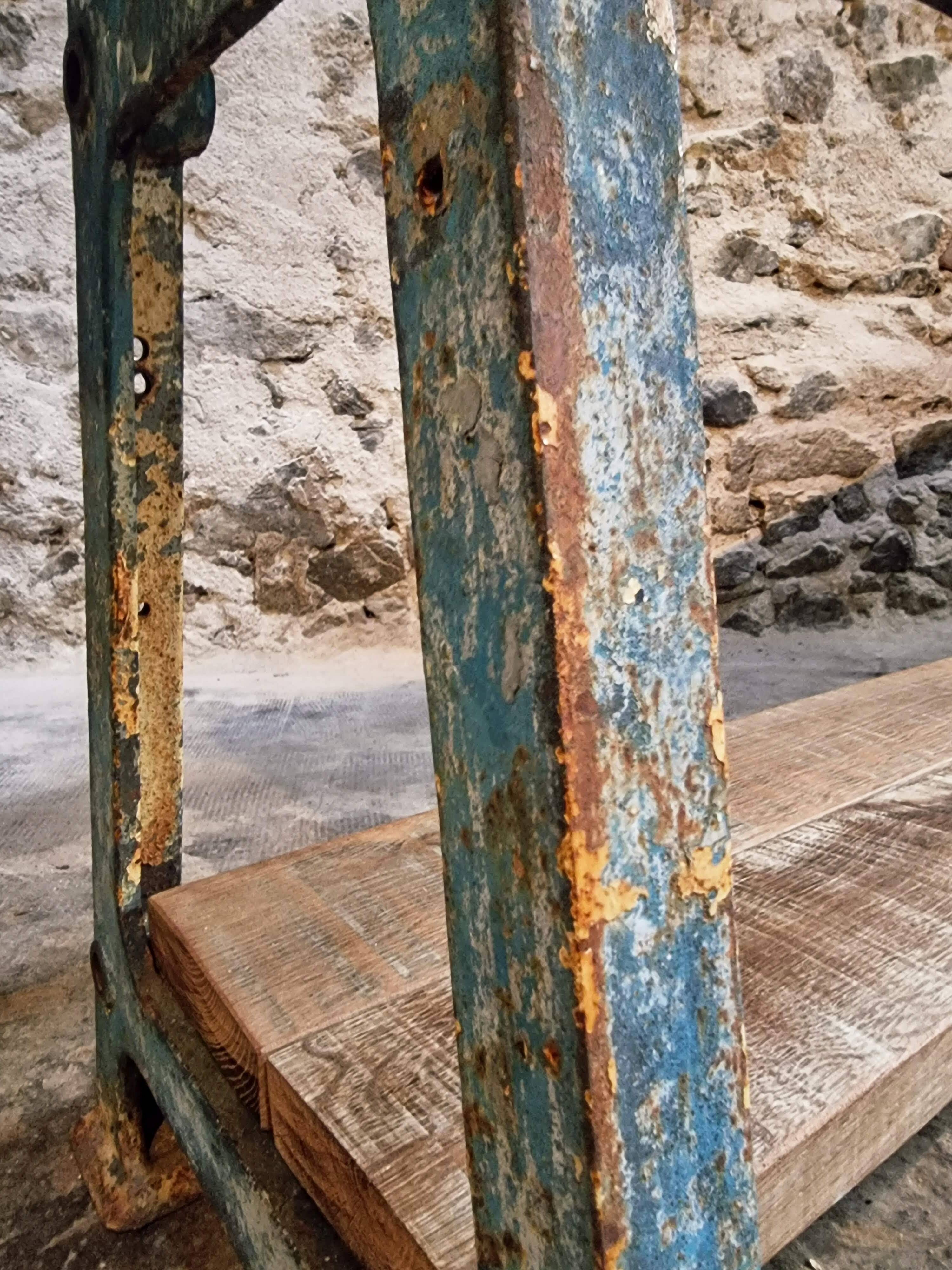 Industrial kitchen island / console table with a cast iron base – France, mid-20th century