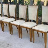 6 Italian Scandinavian style dining chairs from the 1950s in wood and leather.