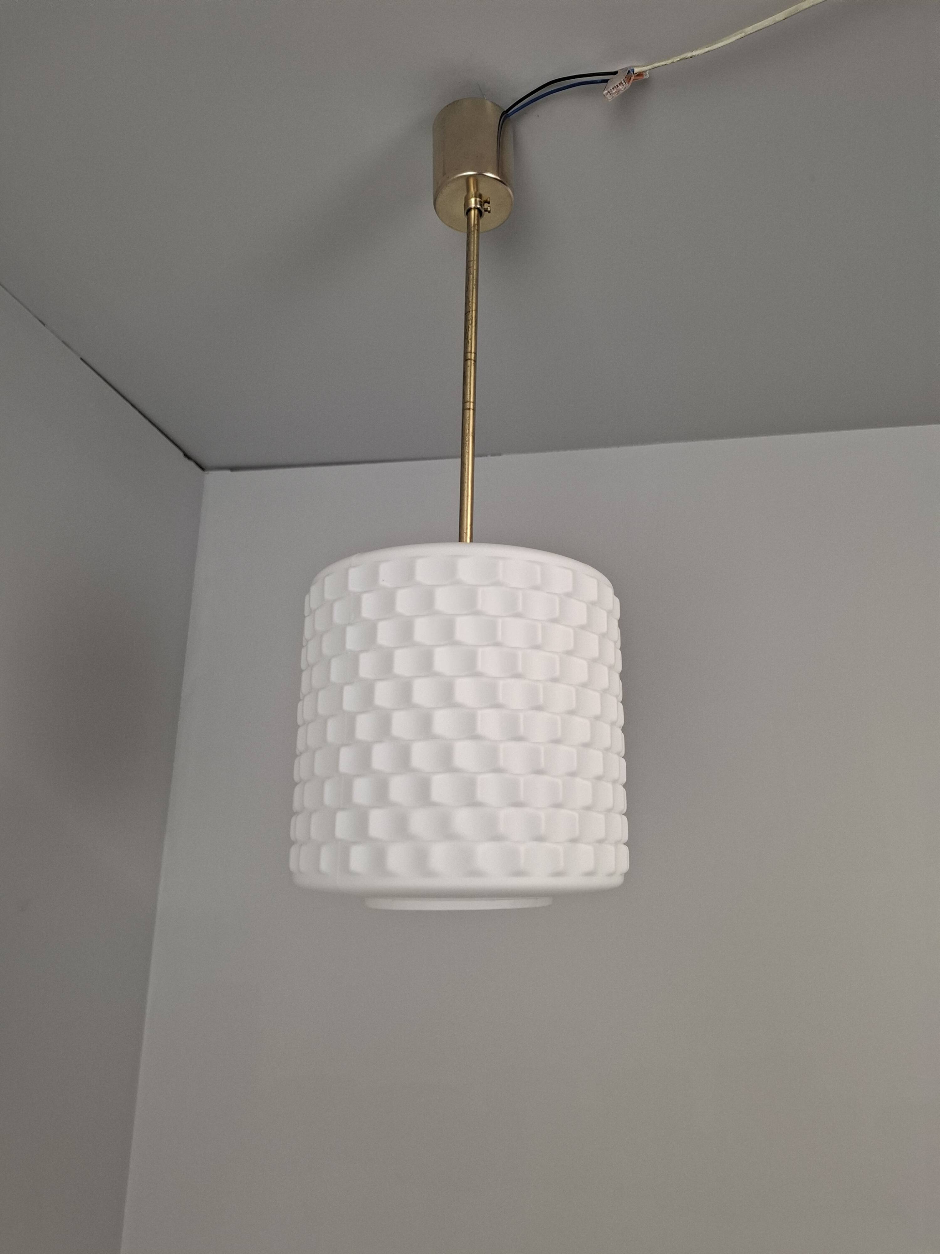 Czechoslovak Midcentury Modern Pendant Lamp in Textured Glass and Brass, 19