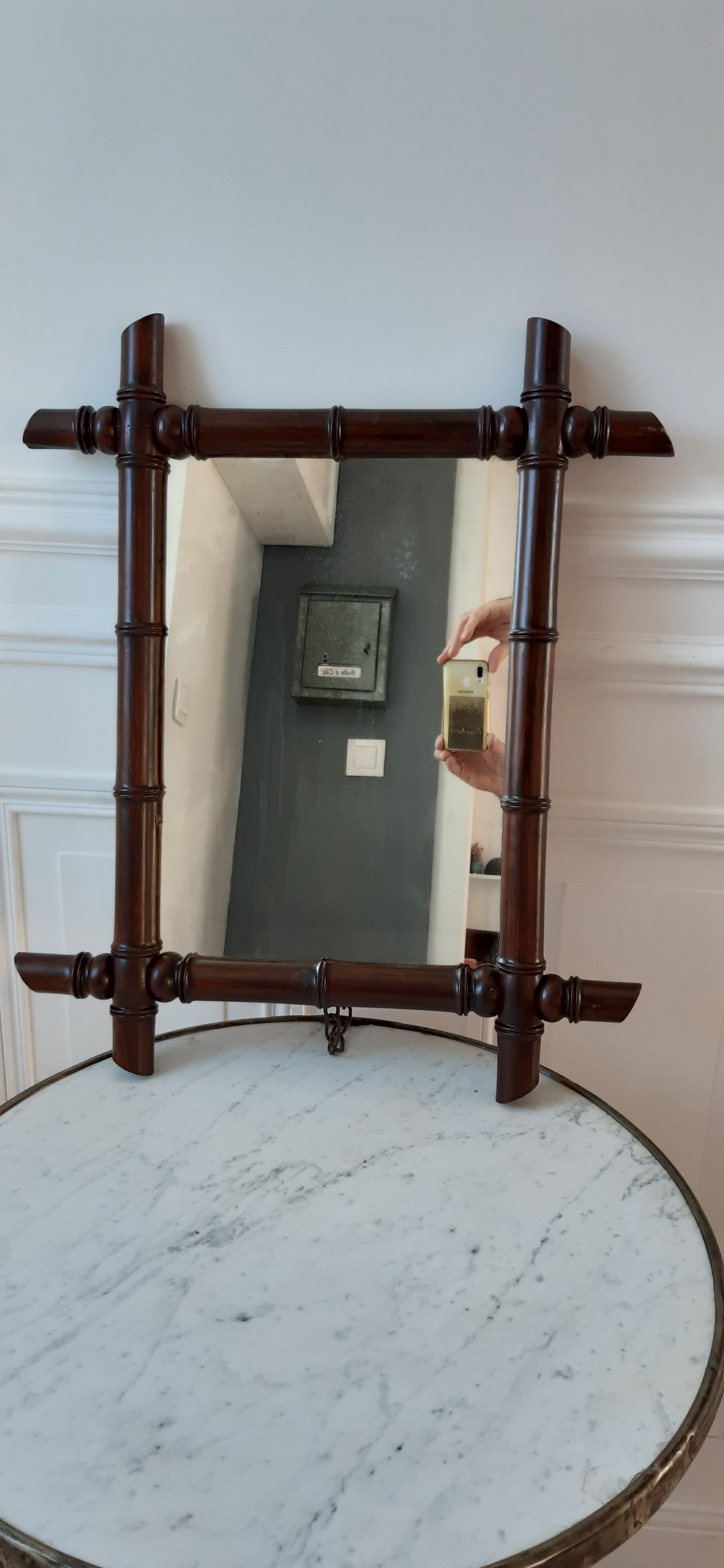 Barber mirror in solid oak bamboo way 30s-40s, 60x50 cm