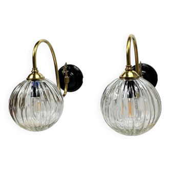 Large pair of old brass gooseneck glass globe wall lights LAMP-7171