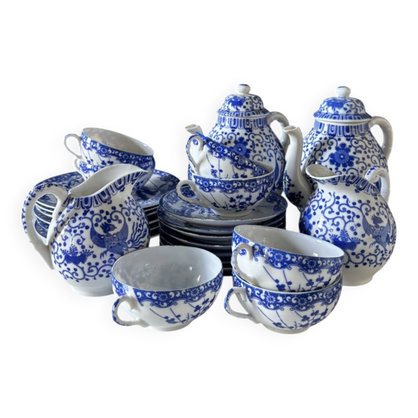 Service à thé japonais vintage porcelaine bleu & blanc 28 pièces — Nihon
