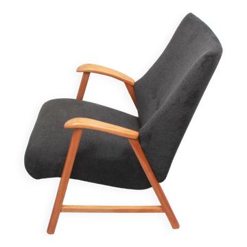 Fauteuil des années 1950 en velours anthracite, entièrement restauré
