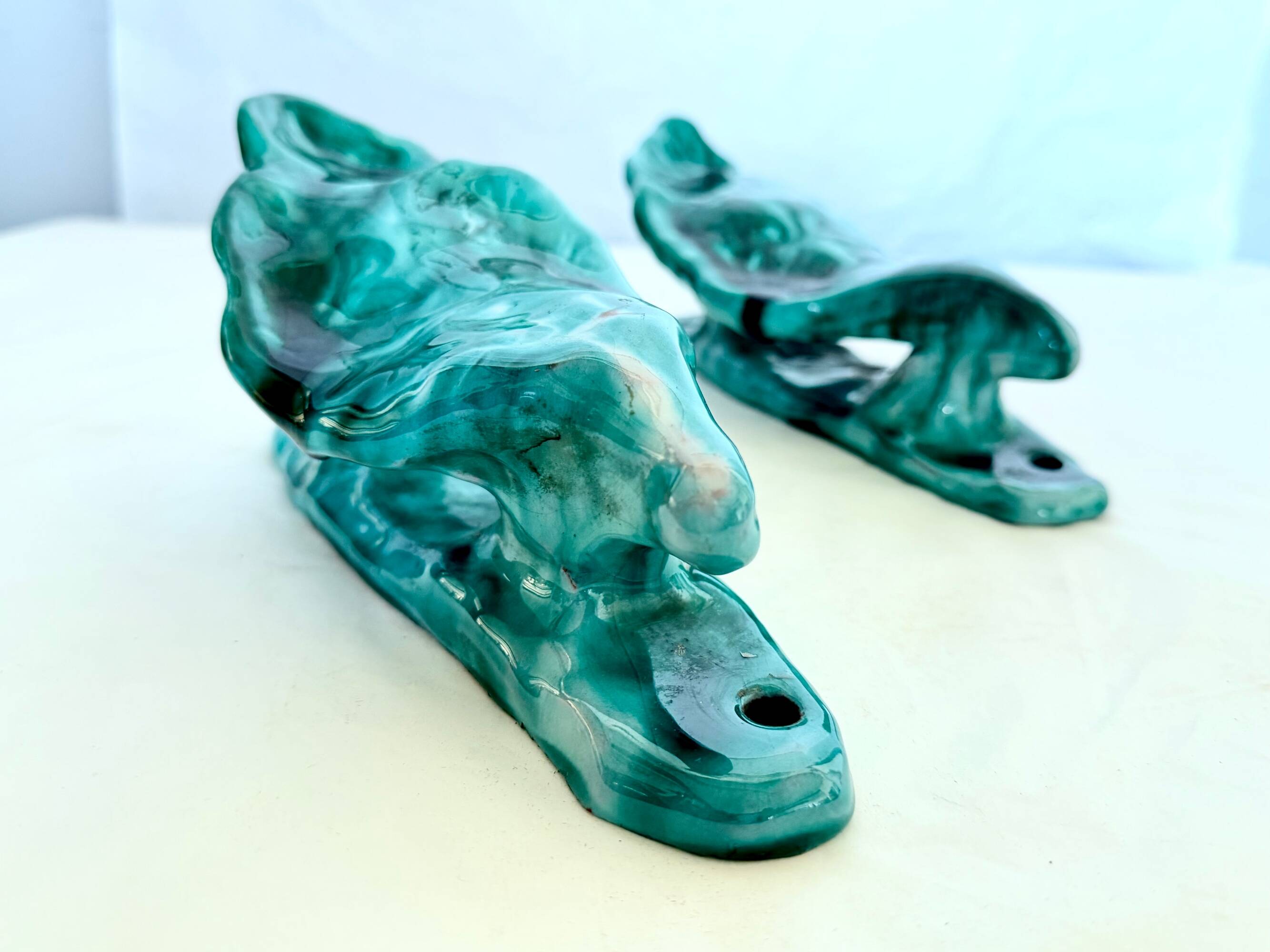 xPair of Handcrafted Teal Enameled Door Handles by Gabbianelli, Albisola, I