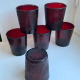 Set of 6 burgundy colored glass glasses 70s