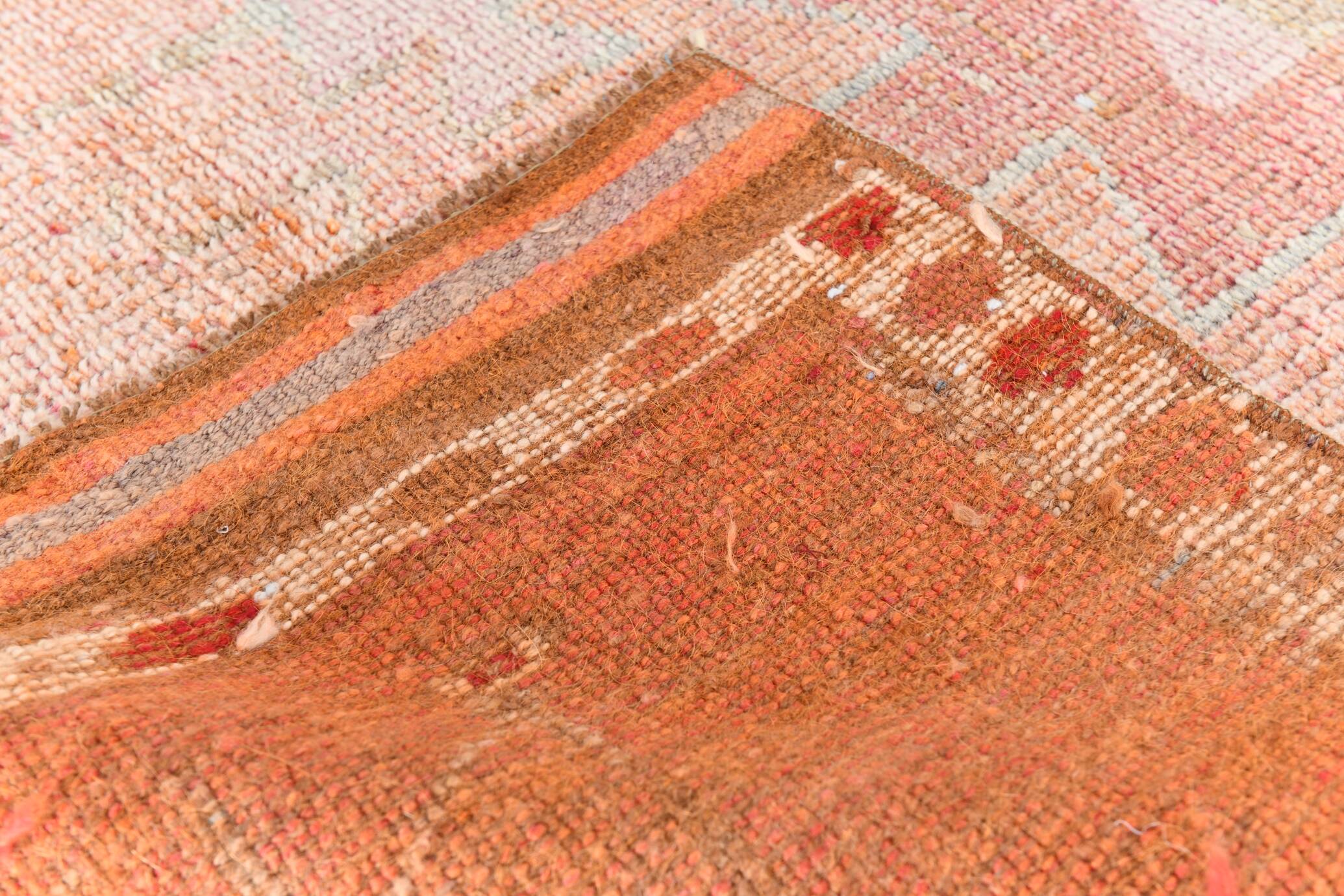 Light Pink & Brown Turkish Vintage Runner Rug, 94x328Cm