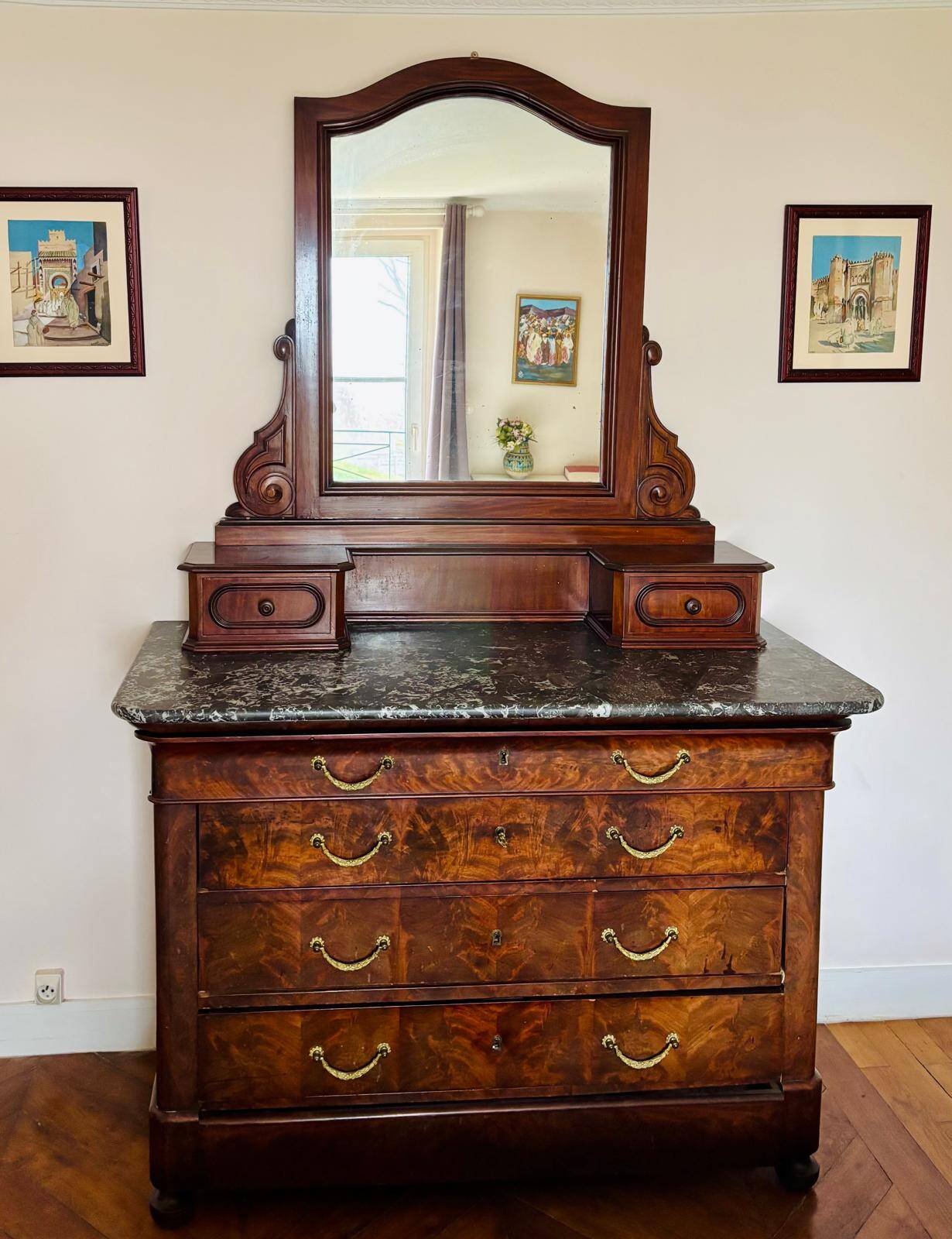 19th century mahogany dressing table with grey marble top