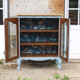 Buffet vitré ancien en bois massif bleu, rénové