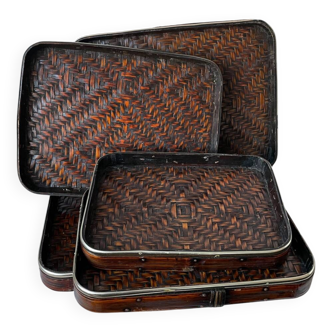 Set of 5 vintage wooden and rattan trays