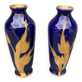 Pair of 1900 Limoges vases with blue background and gold highlights, R. Rosier decorations
