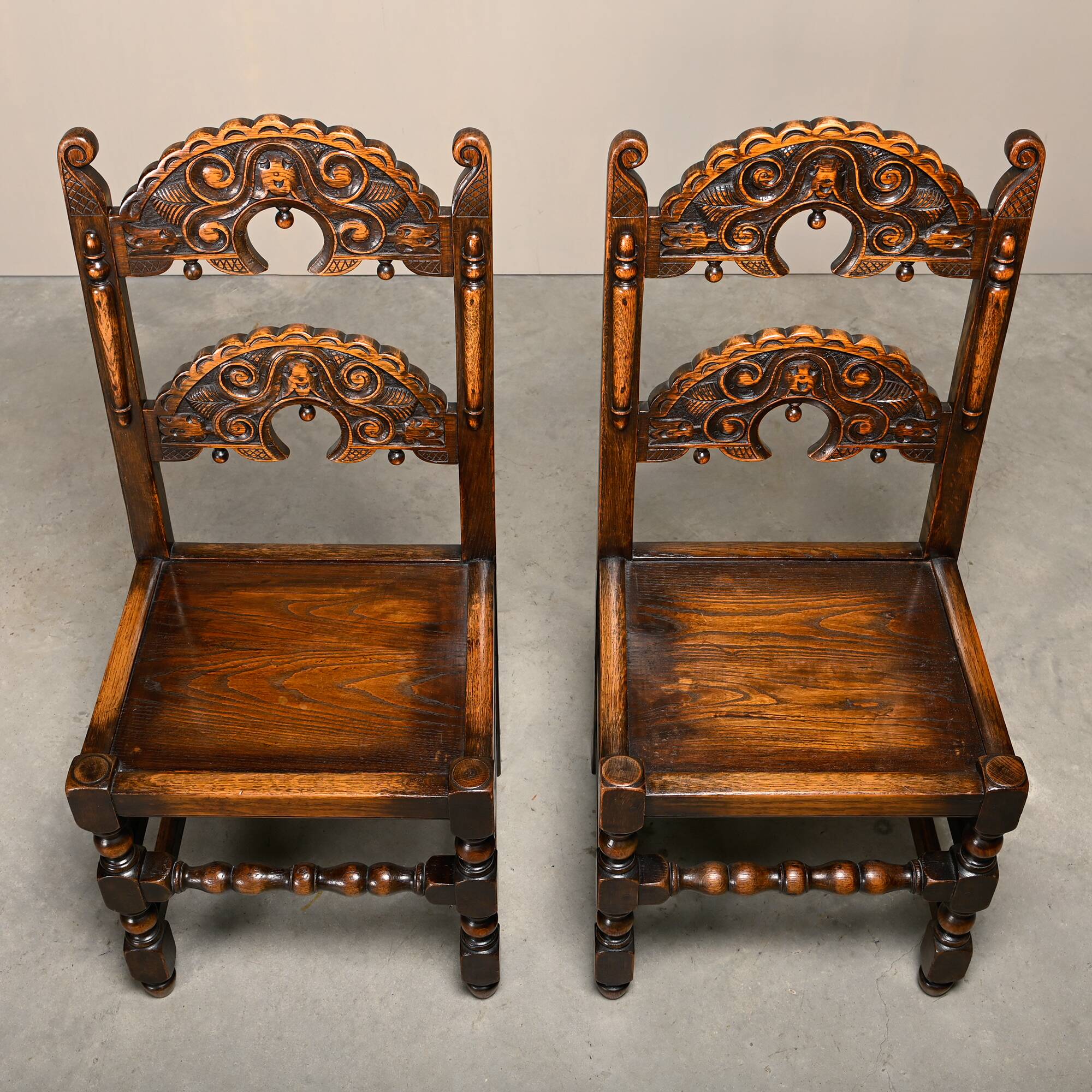 Pair Antique Yorkshire Back Stools / Side Chairs solid Oak, England 18th Ce