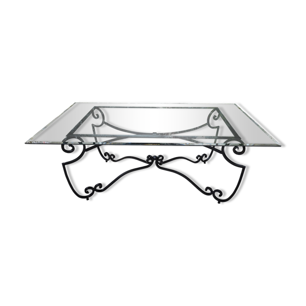 Grande table rectangulaire en fonte de fer et plateau en verre