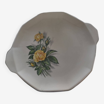 Pink ceramic dish / plate decorated with yellow roses