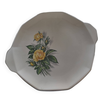 Pink ceramic dish / plate decorated with yellow roses