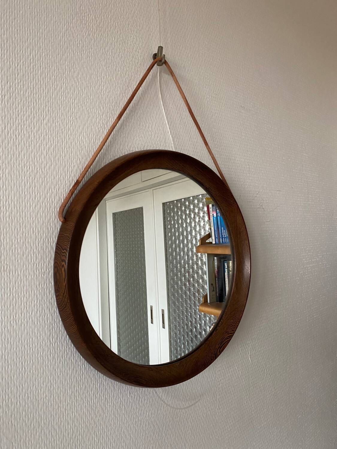 Mid-Century Scandinavian Round Wenge Wood Mirror with Leather Strap, 1950s
