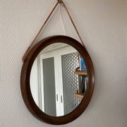 Mid-Century Scandinavian Round Wenge Wood Mirror with Leather Strap, 1950s