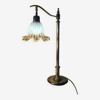 1970 brass lamp with amber and white murano style tulip, slight trace of time, 59x30