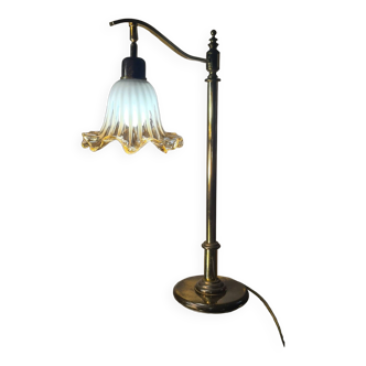 1970 brass lamp with amber and white murano style tulip, slight trace of time, 59x30