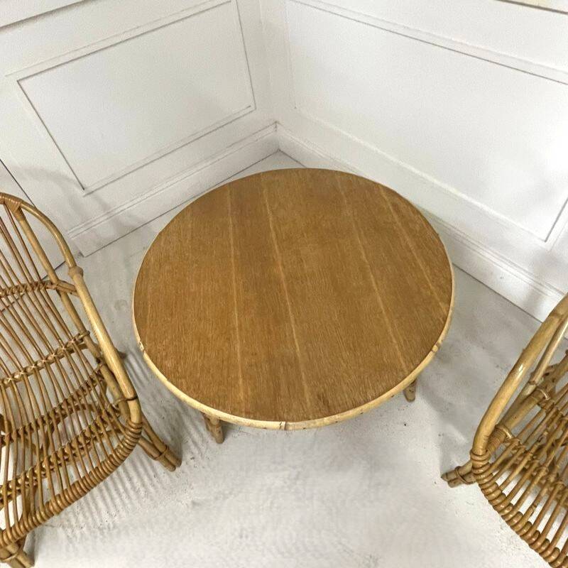 Audoux-Minnet rattan lounge set, 2 armchairs and table 1950-1960