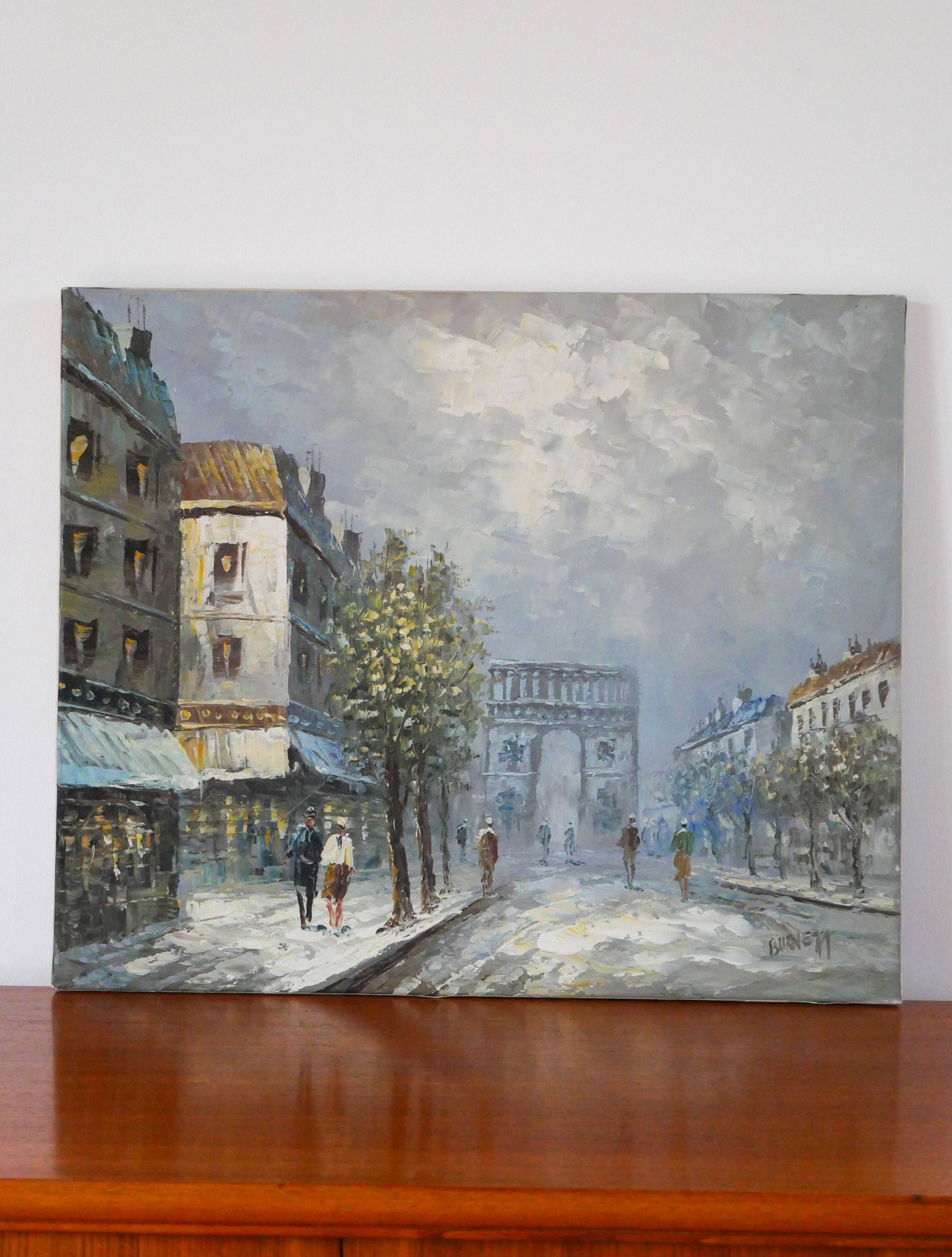 painting / oil on canvas streets of Paris under the snow vintage