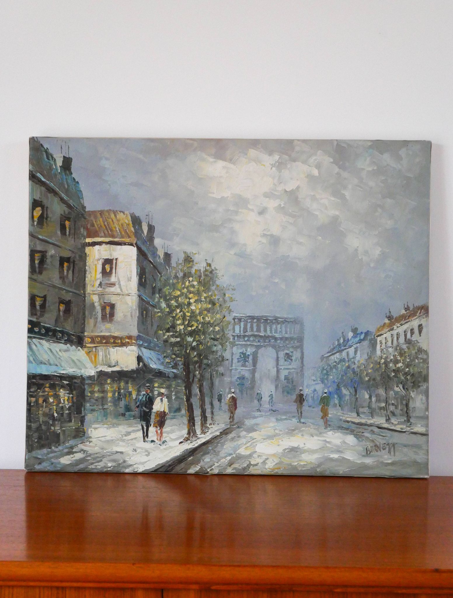 painting / oil on canvas streets of Paris under the snow vintage