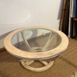 Oval patinated wood and beveled glass coffee table