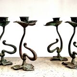Set of four organically shaped bronze candlesticks in Art Nouveau style