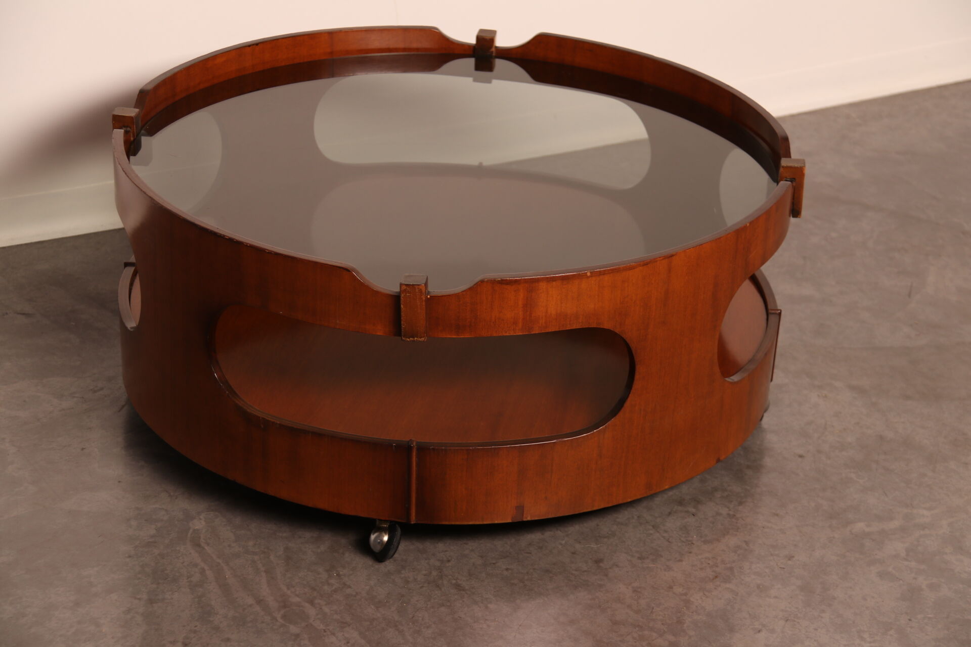 Round coffee table  Frame in plywood- top in smoked glass  Italy - 1960's