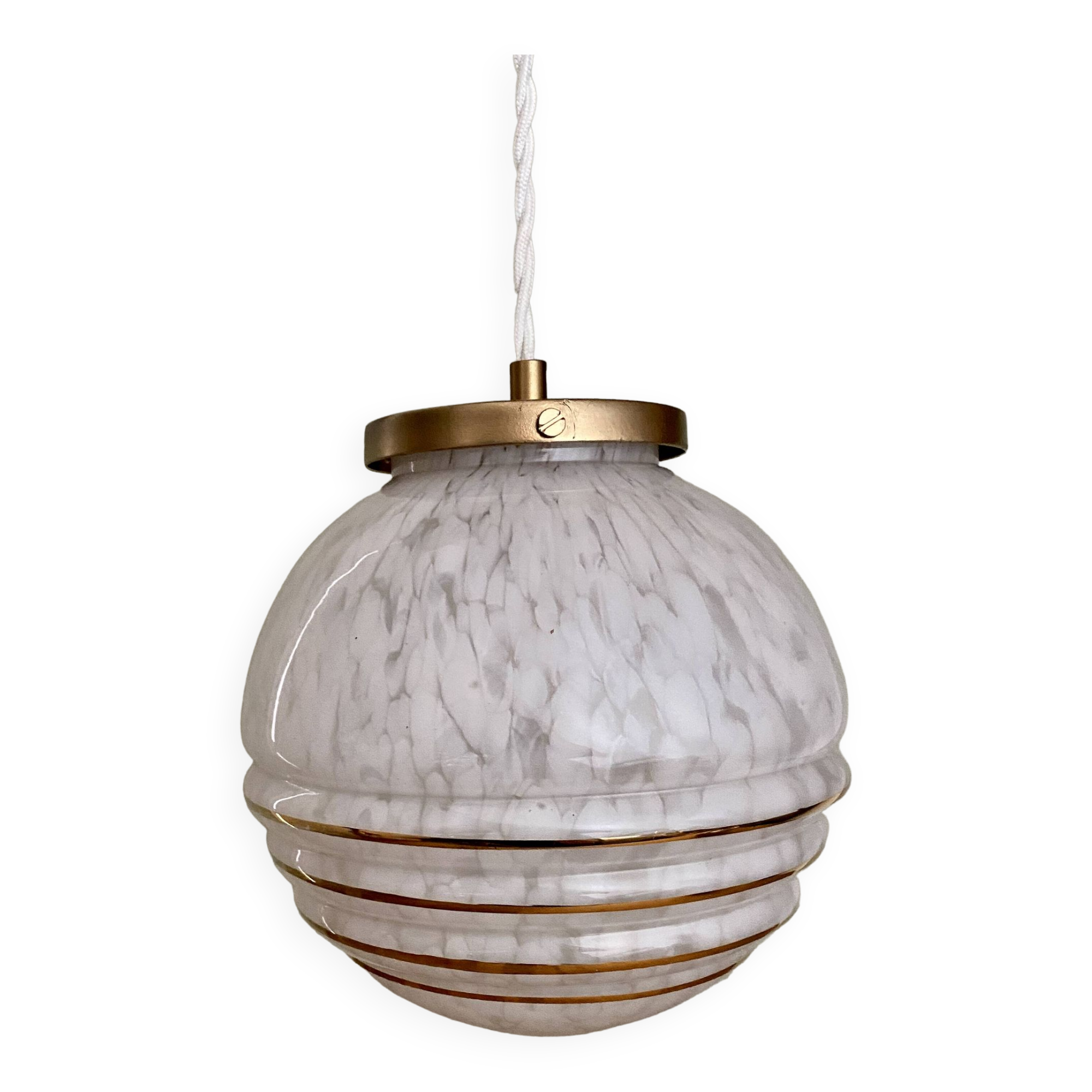Suspension globe vintage en verre de clichy blanc et or