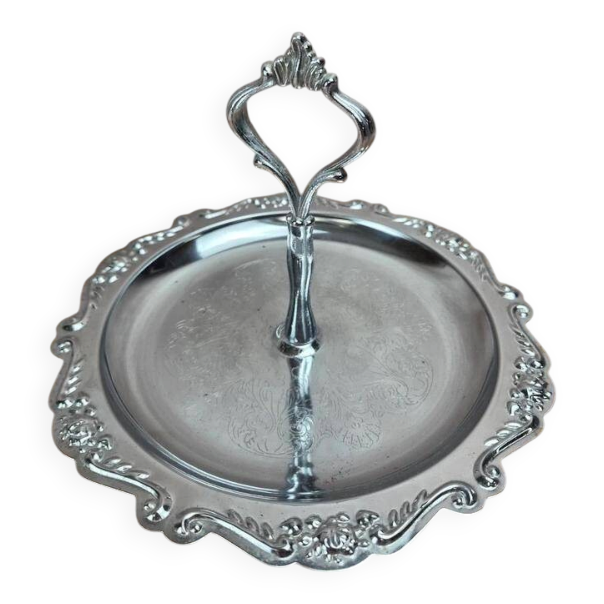 Small vintage round display stand in chrome metal – rococo style