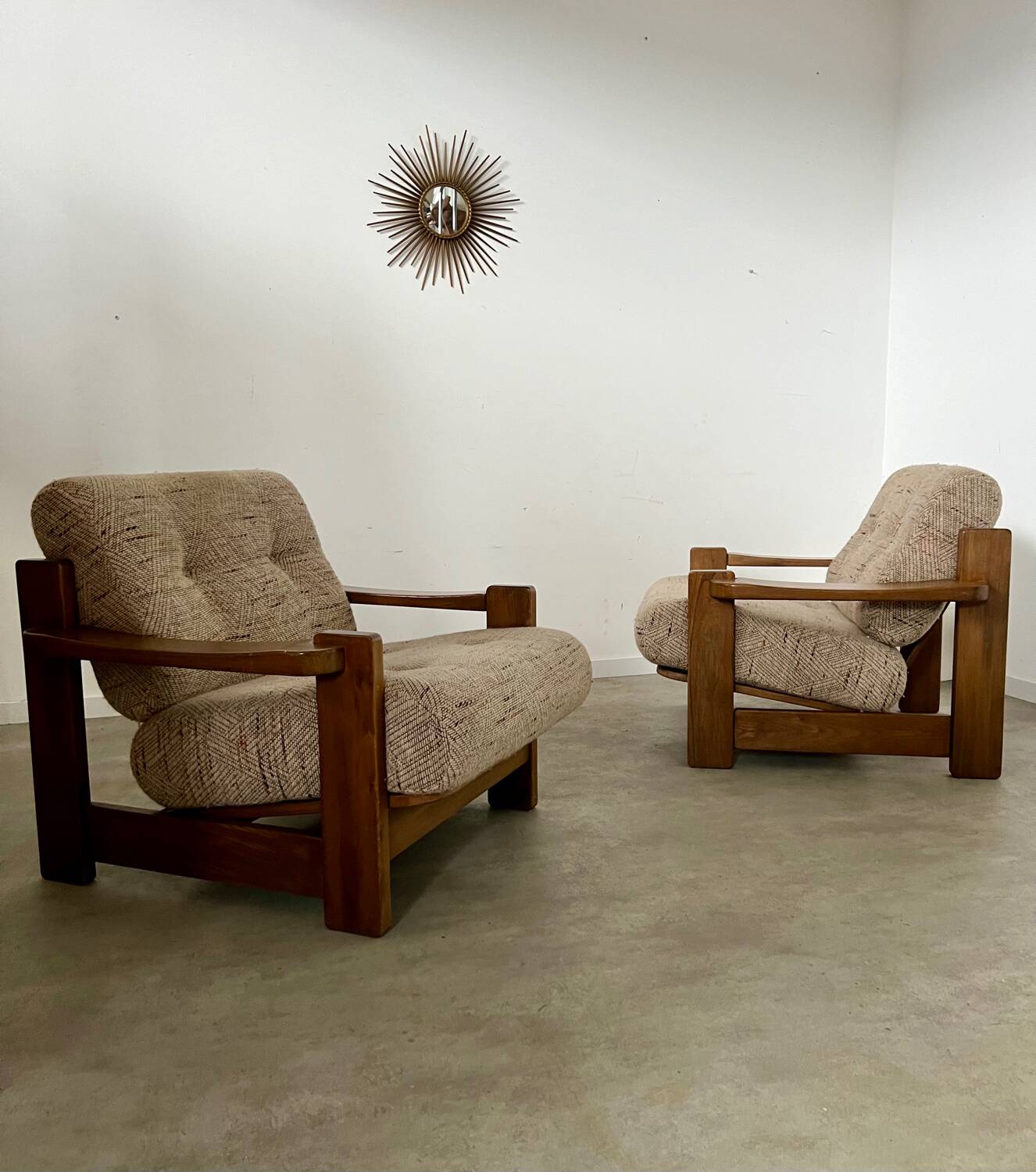 Lot of 2 solid elm armchairs, Maison Regain design, 70s vintage