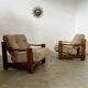 Lot of 2 solid elm armchairs, Maison Regain design, 70s vintage